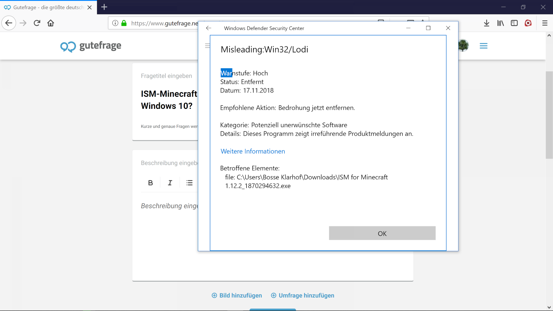 Ism-Minecraft rated high by Bitdefender as alert level Windows 10